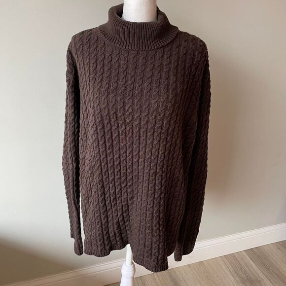 Talbots Women's Plus 1X Chocolate Brown Sweater Turtleneck Cable Knit Slouchy - Picture 1 of 8